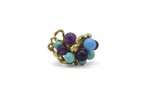 Ring mit Amethyste und T&uuml;rkise Kugeln in 750 18 kt Gold Damen Gr. 54