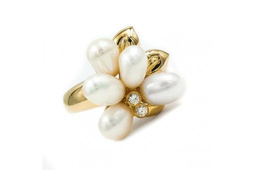 Ring mit Perlen und 2 Brillanten Diamanten 0,10 ct in 18 Kt 750 Gold 62 