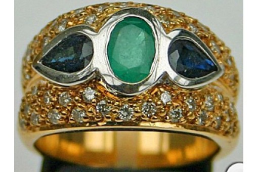 Ring mit Smaragd Saphir Diamant Brillanten Safir in 14 Kt 585 er Gold 57 top