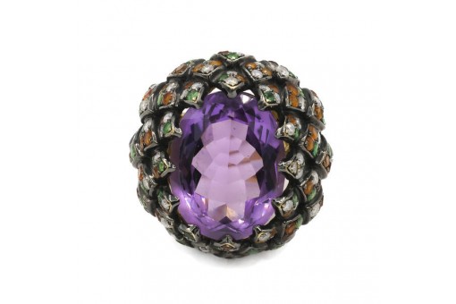 Ring mit Amethyst, Diamanten, Smaragden und Citrinen in 750 Gold Gr. 56