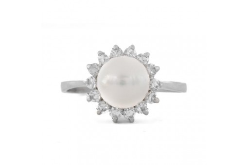 Ring mit Perle Diamant in 14 Kt 585 er Weiss Gold Gr&ouml;sse 58 Tracht Brillant