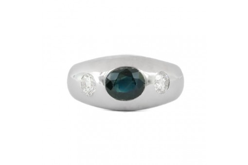 Ring Bandring mit Safir und 2 Brillanten 0,66 ct. in 14 Kt. 585 Wei&szlig;gold Gr. 61