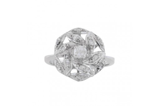 Ring mit Brillant und 12 Diamantrosen in 14 Kt. 585 Wei&szlig;gold Gr. 53