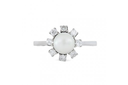 Ring mit Perle und 8 Brillanten 0,25 ct. in 14 Kt. 585 Wei&szlig;gold Gr. 56