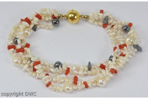 Perlenarmband 4reihig mit Süsswasser Perlen Perle Marke Langer Damen L.: 22 cm 
