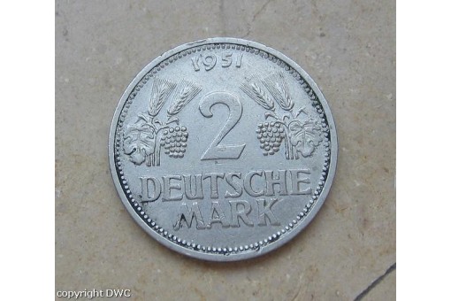 Coin Münze 2 Mark 1951 G Trauben und Ähren Jäger / 386 Cu Ni Sammlermünze !