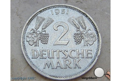 Münze 2 Mark 1951 F Ähren mit Trauben Jäger 386 Cu Ni Sammlermünze